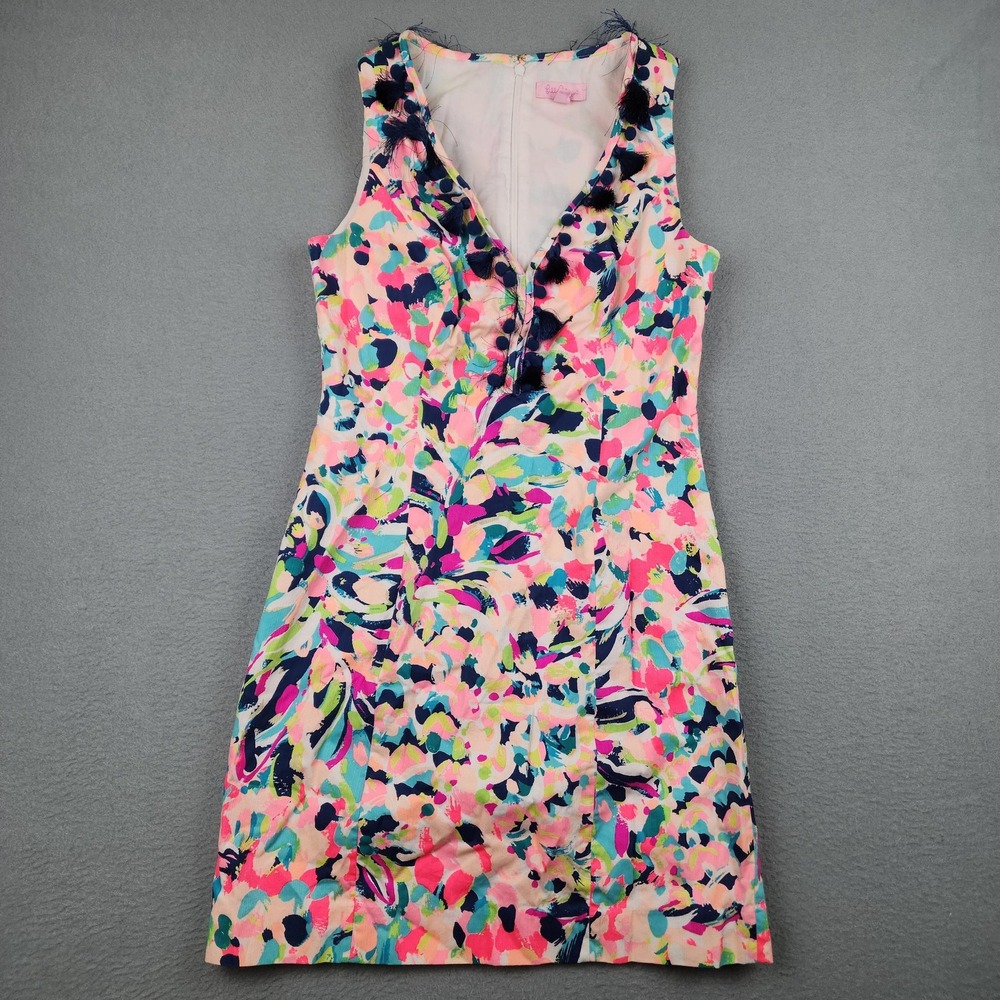 Lilly Pulitzer Cabrey Shift Dress Womens 0 Pina Colada Floral Tassel V Neck